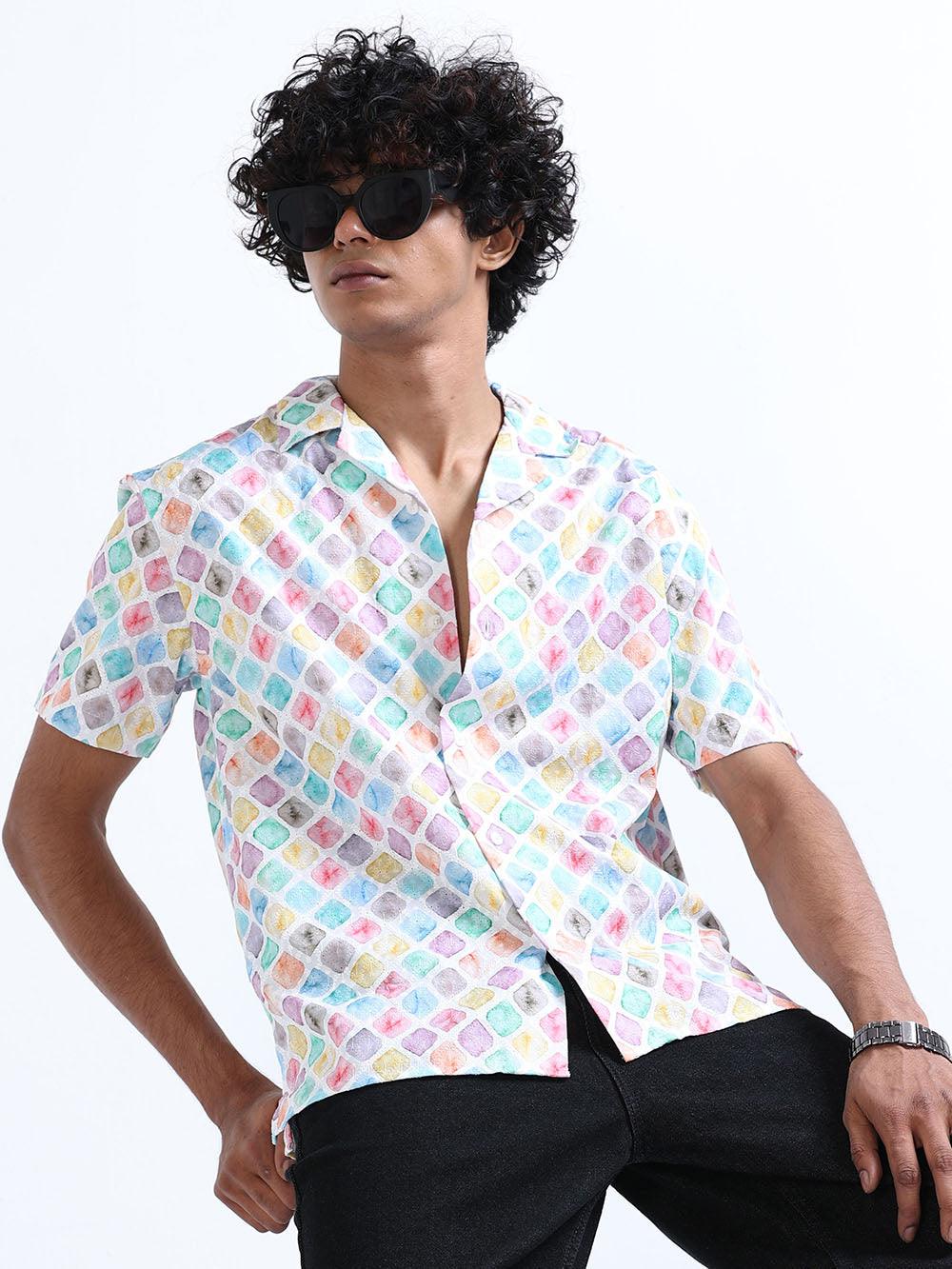 Men's Multicolor Cuban Collar Embroidered shirt - Espanshe