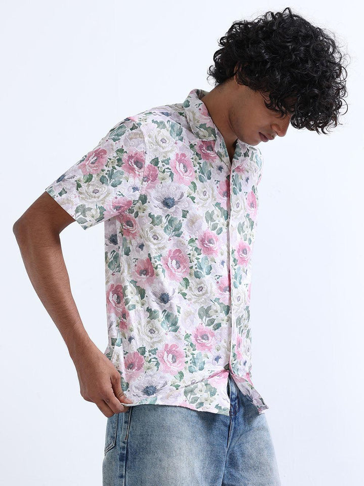 Men's Rose Magnolia Cuban Collar Embroidered shirt - Espanshe