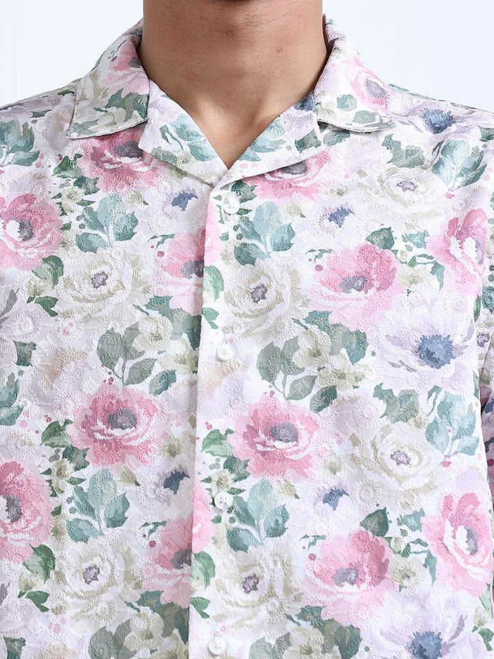 Men's Rose Magnolia Cuban Collar Embroidered shirt - Espanshe