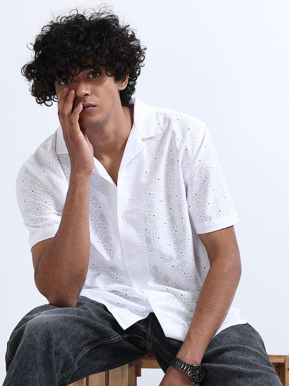 Men's White Cuban Collar Crochet shirt - Espanshe