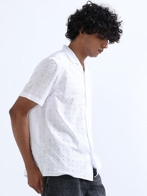 Men's White Cuban Collar Crochet shirt - Espanshe