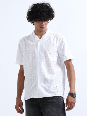 Men's White Cuban Collar Crochet shirt - Espanshe