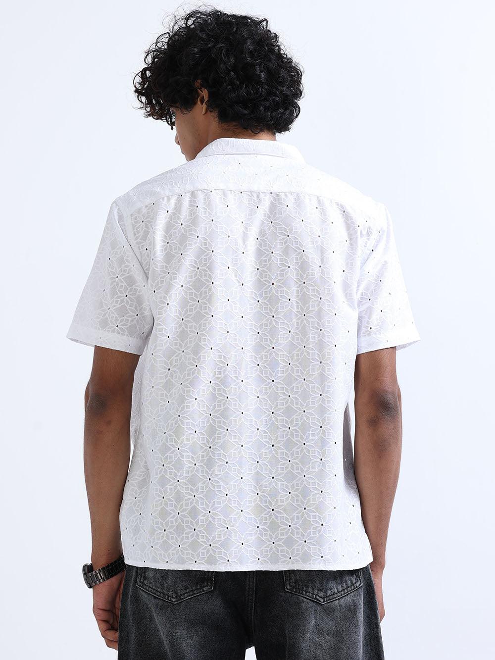Men's White Cuban Collar Crochet shirt - Espanshe