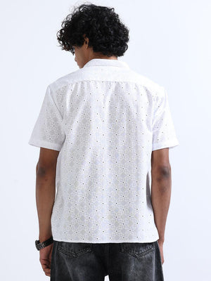 Men's White Cuban Collar Crochet shirt - Espanshe
