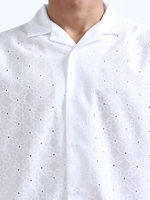 Men's White Cuban Collar Crochet shirt - Espanshe