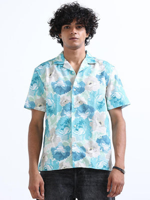 Men's Bermuda Blue Cuban Collar Embroidered shirt - Espanshe