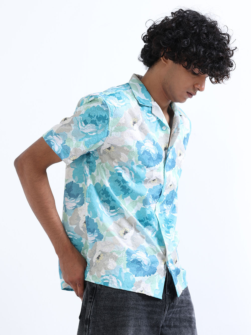 Men's Bermuda Blue Cuban Collar Embroidered shirt - Espanshe