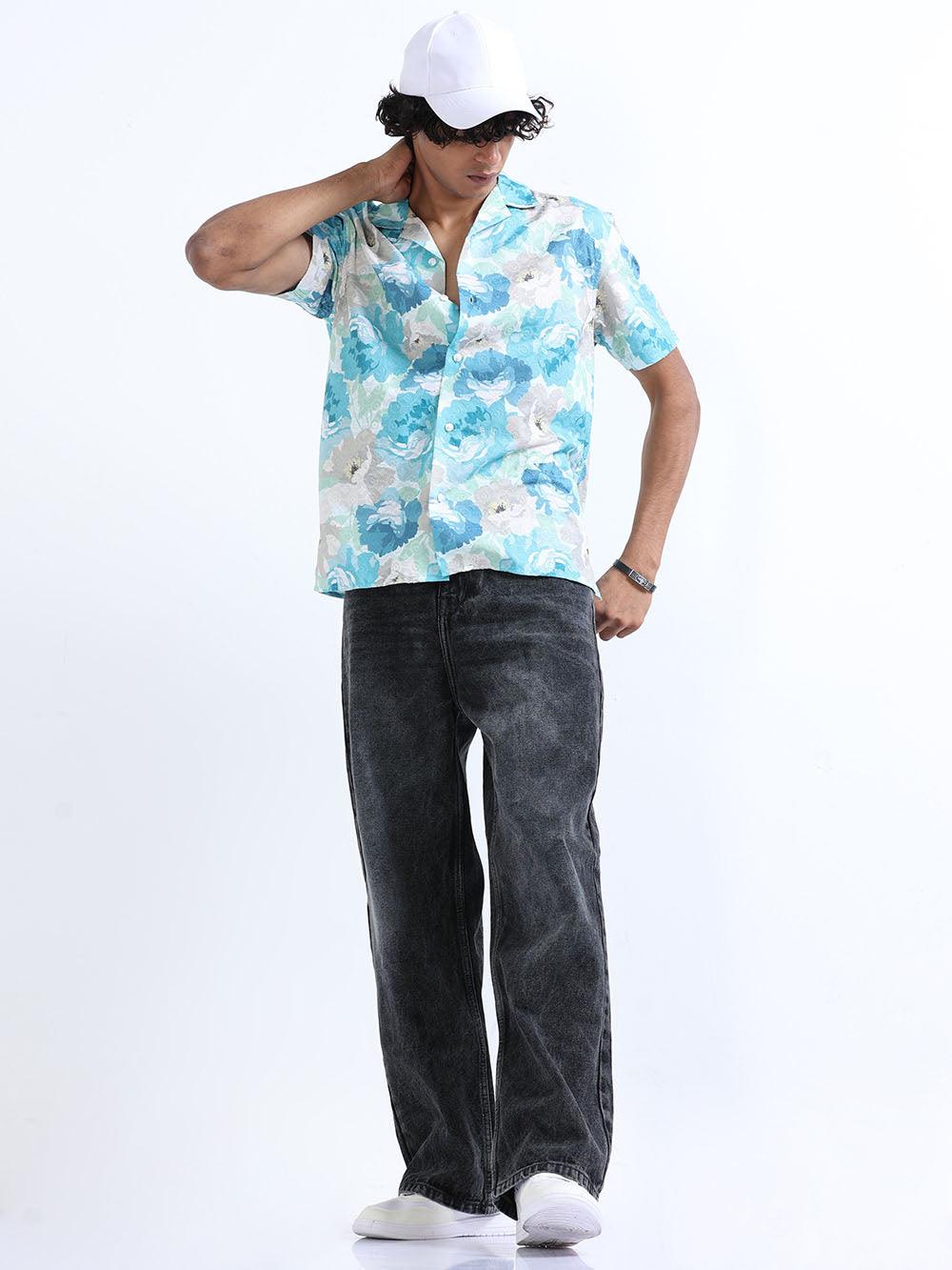 Men's Bermuda Blue Cuban Collar Embroidered shirt - Espanshe