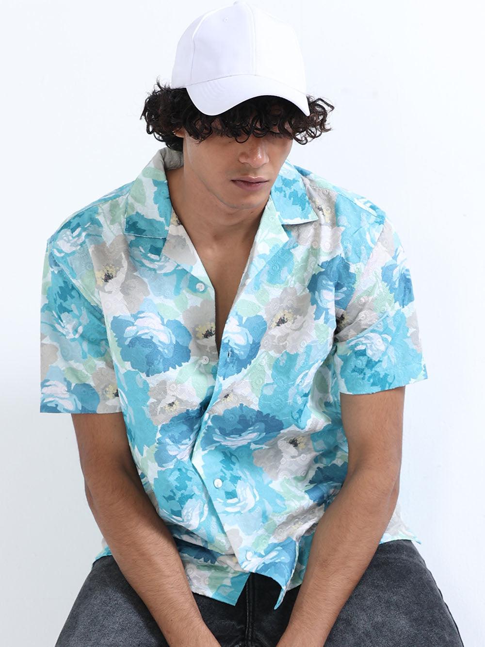 Men's Bermuda Blue Cuban Collar Embroidered shirt - Espanshe
