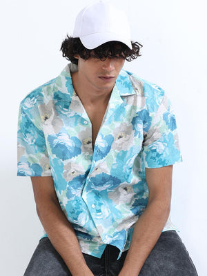 Men's Bermuda Blue Cuban Collar Embroidered shirt - Espanshe