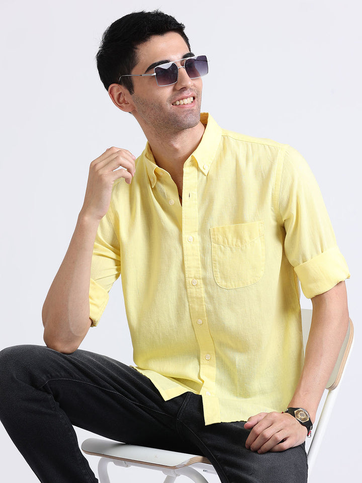 Men's Maize Yellow Plain Linen Shirt