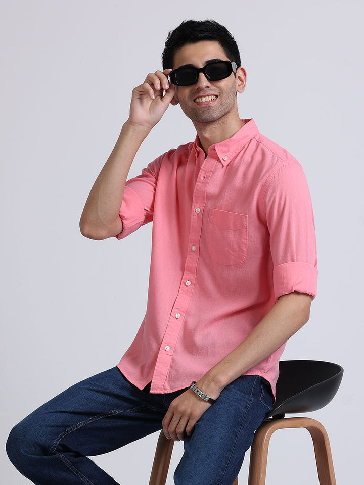 Men's Pink Plain Linen Shirt