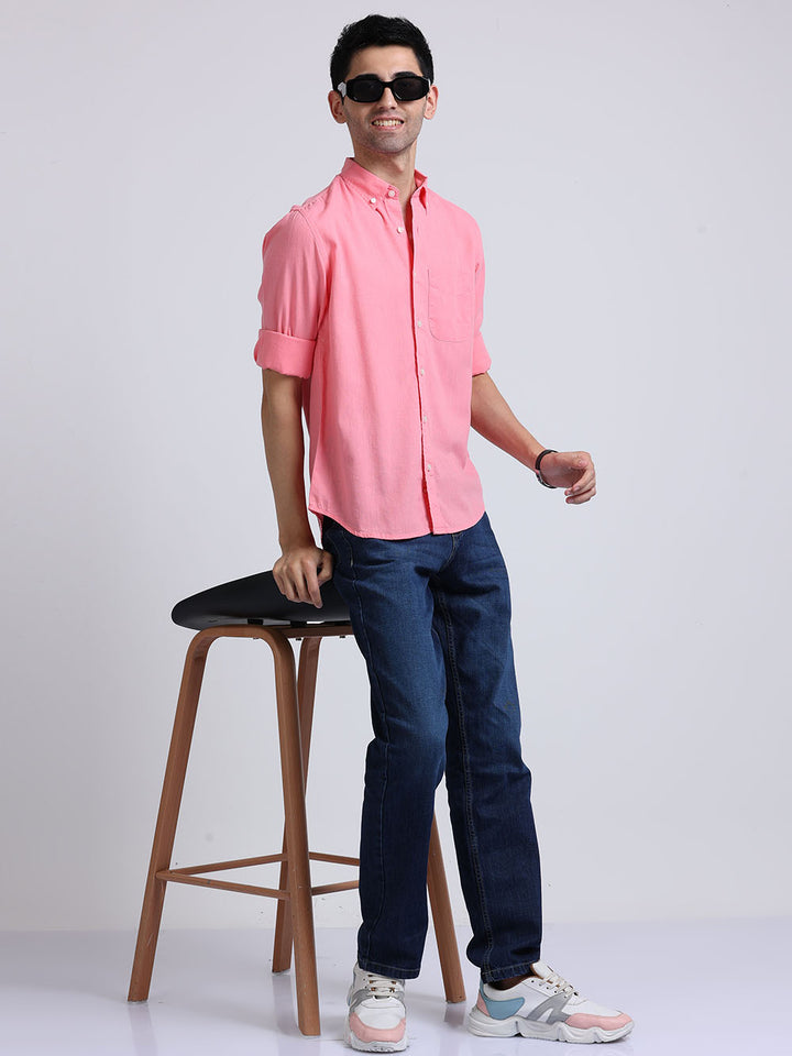 Men's Pink Plain Linen Shirt