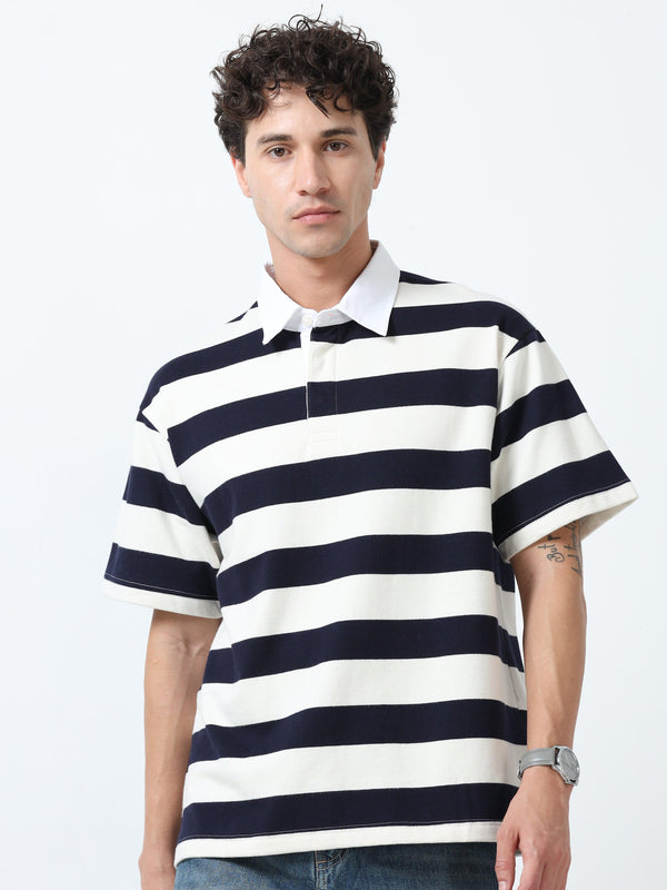 Calla - Oversized Striped Polo T Shirt - Navy blue - Espanshe