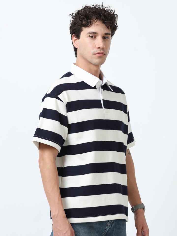 Calla - Oversized Striped Polo T Shirt - Navy blue - Espanshe