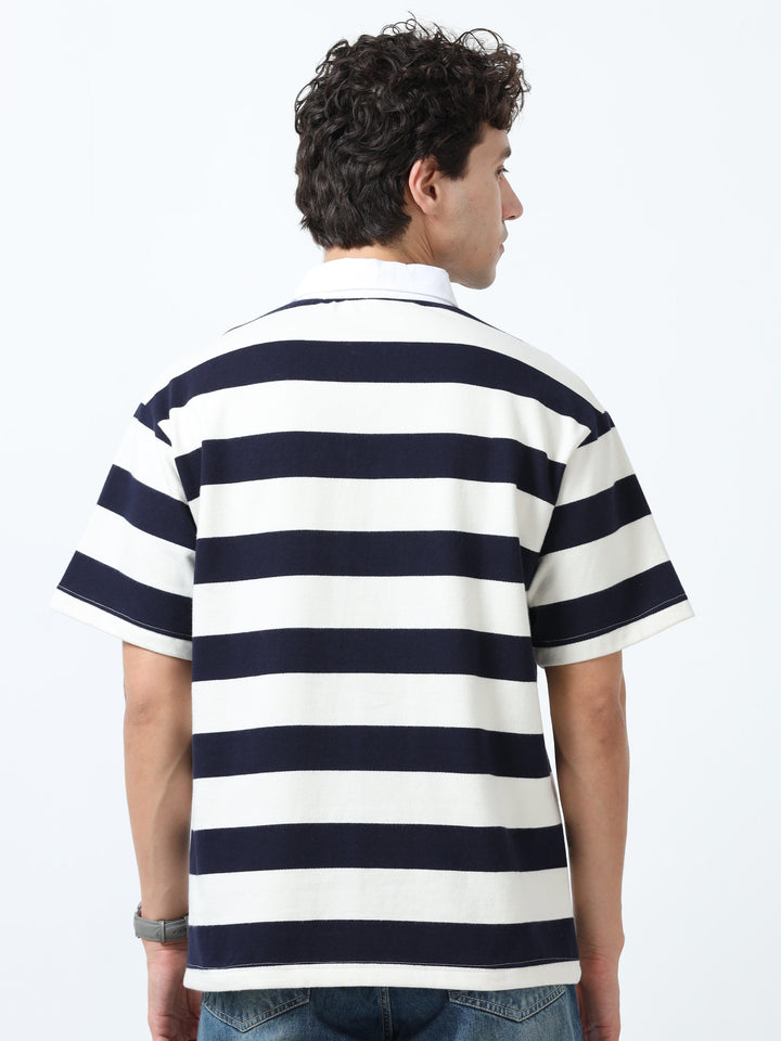 Calla - Oversized Striped Polo T Shirt - Navy blue - Espanshe