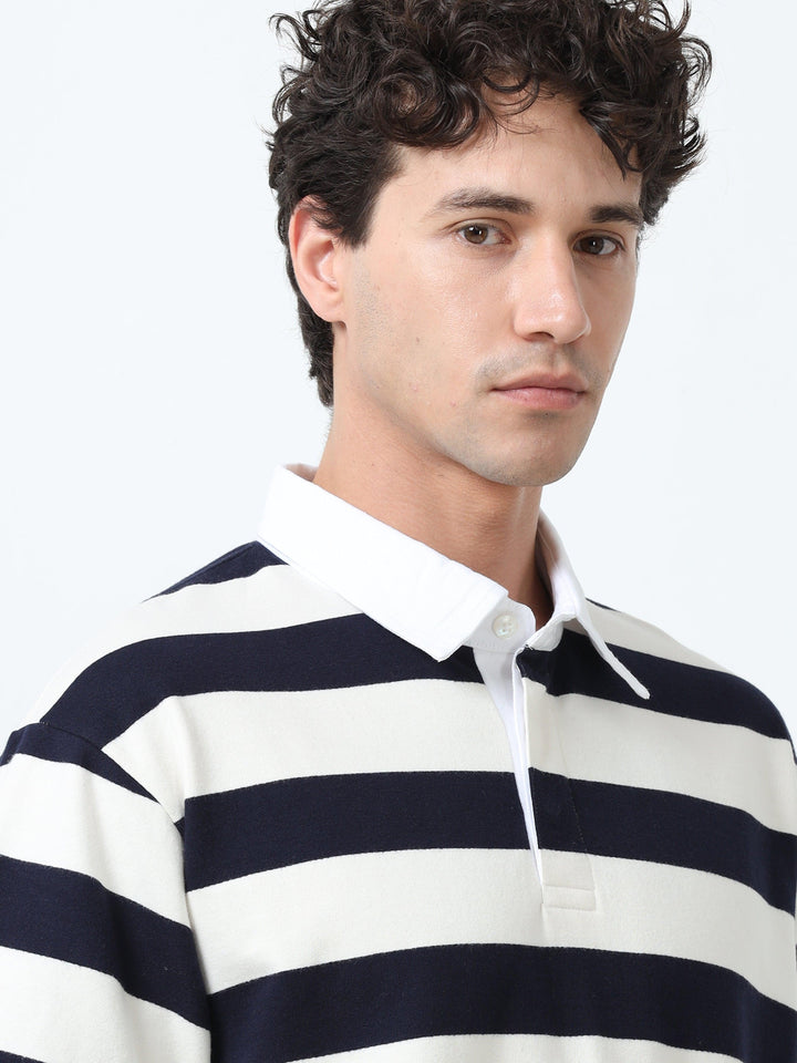 Calla - Oversized Striped Polo T Shirt - Navy blue - Espanshe