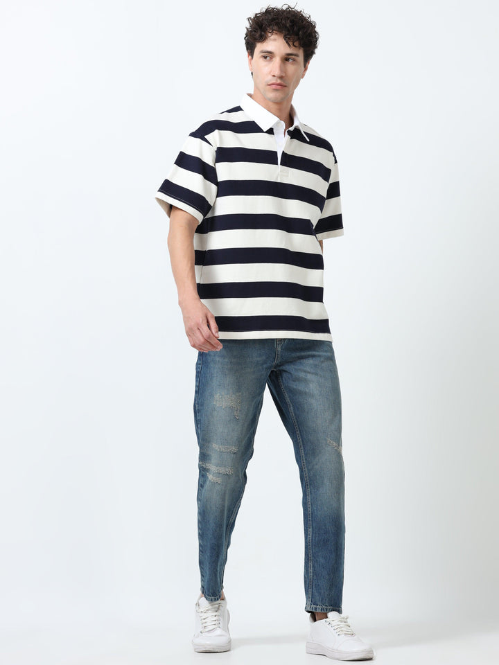 Calla - Oversized Striped Polo T Shirt - Navy blue - Espanshe