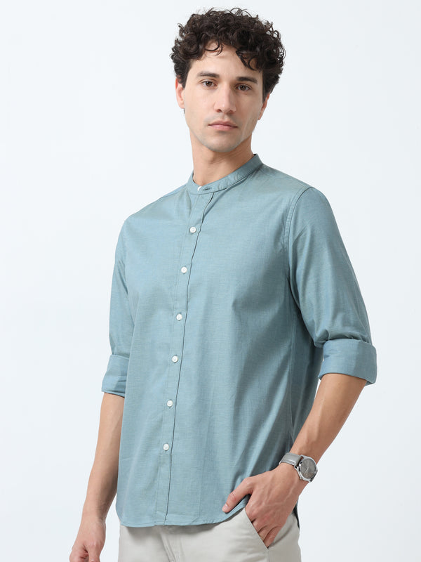 Beckett - Mandarin Collar Plain Shirt - Cloudy Blue