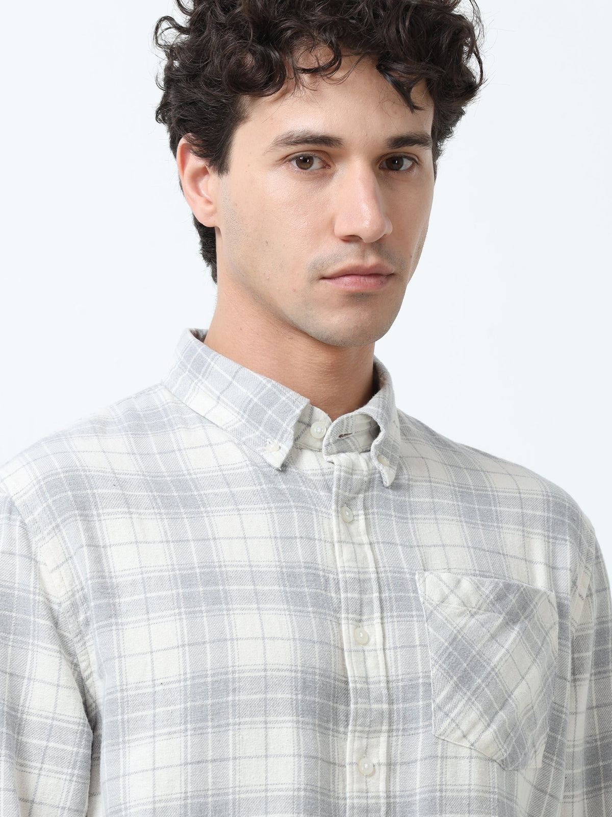 Clio - Brushed Checkered Shirt - White and Grey - Espanshe