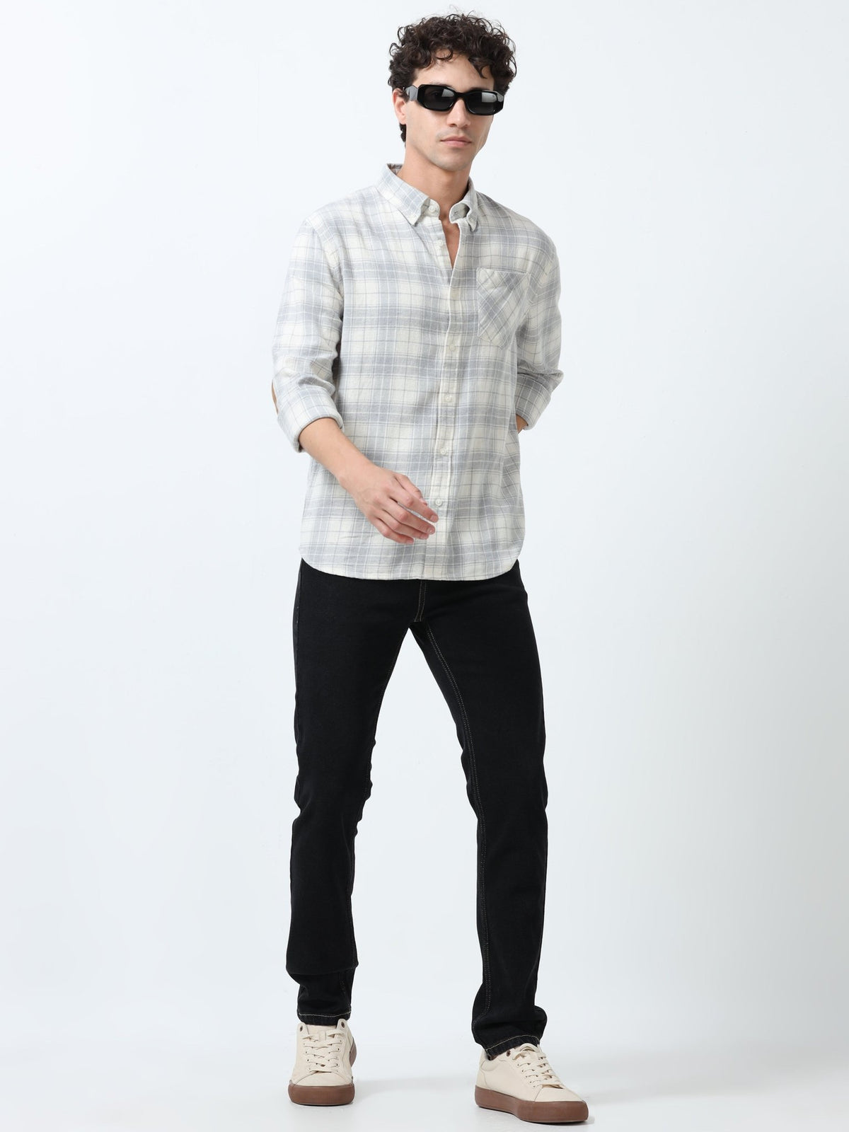 Clio - Brushed Checkered Shirt - White and Grey - Espanshe