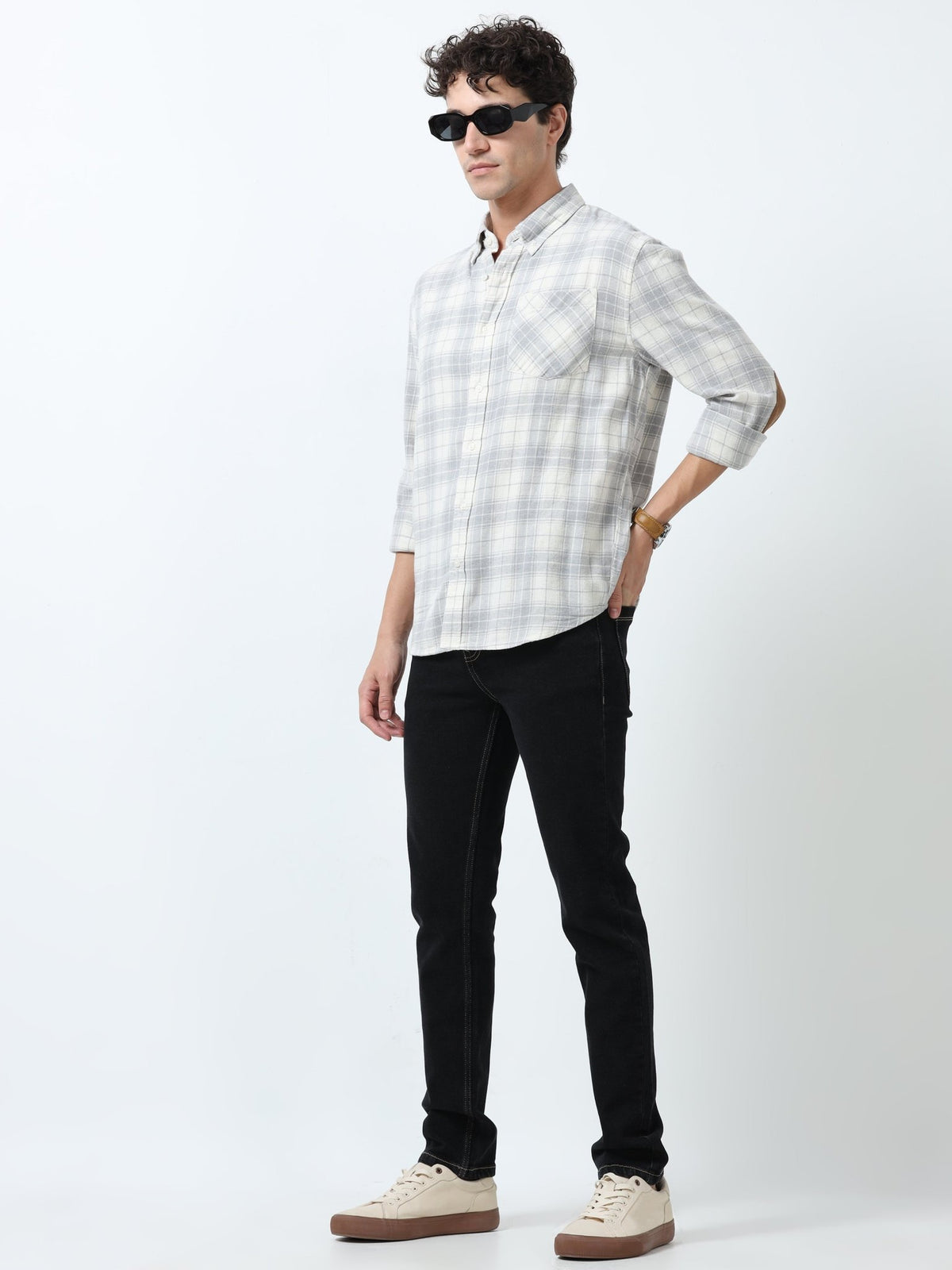 Clio - Brushed Checkered Shirt - White and Grey - Espanshe