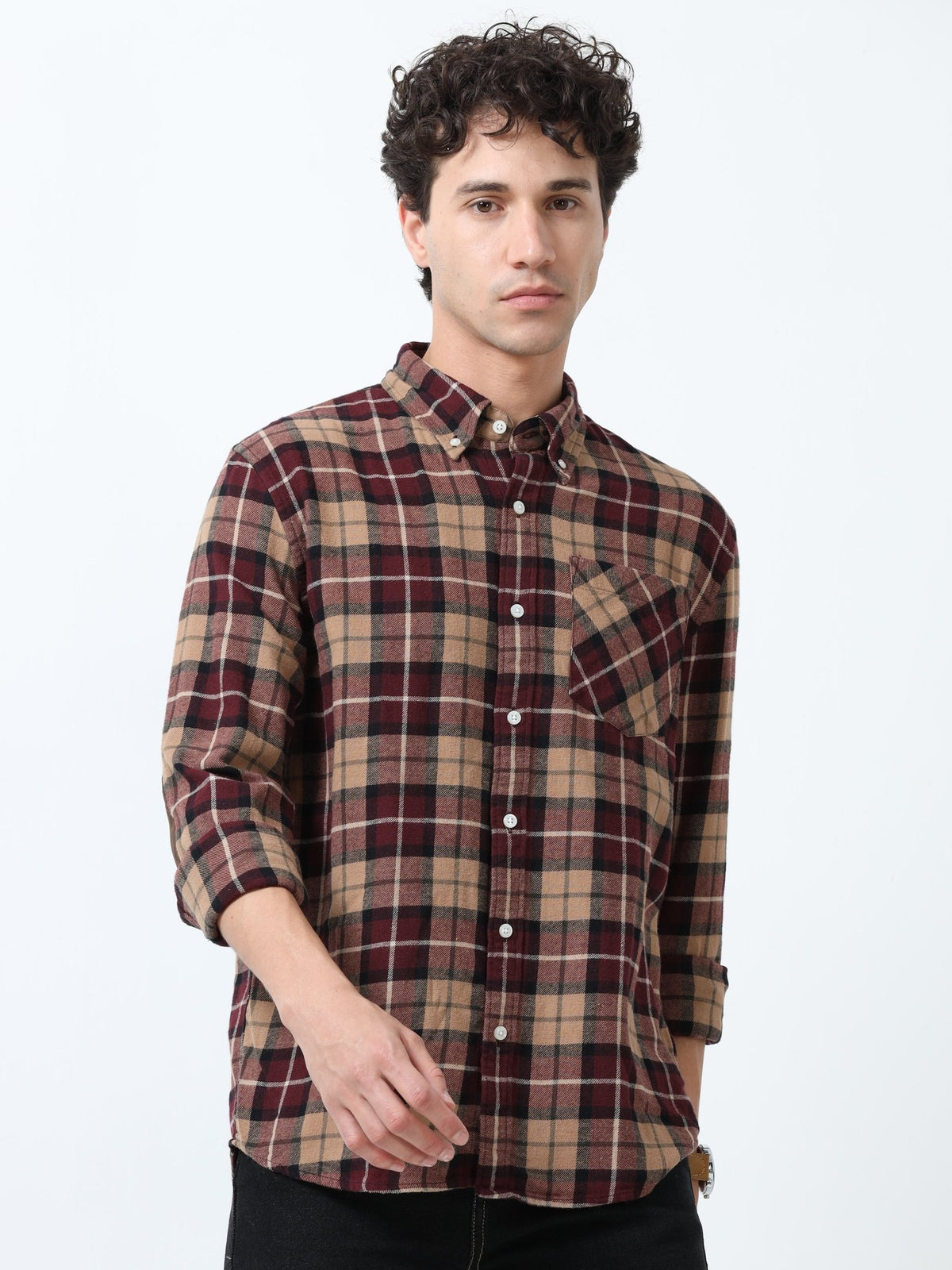 Clio - Brushed Checkered Shirt - Khaki Red - Espanshe