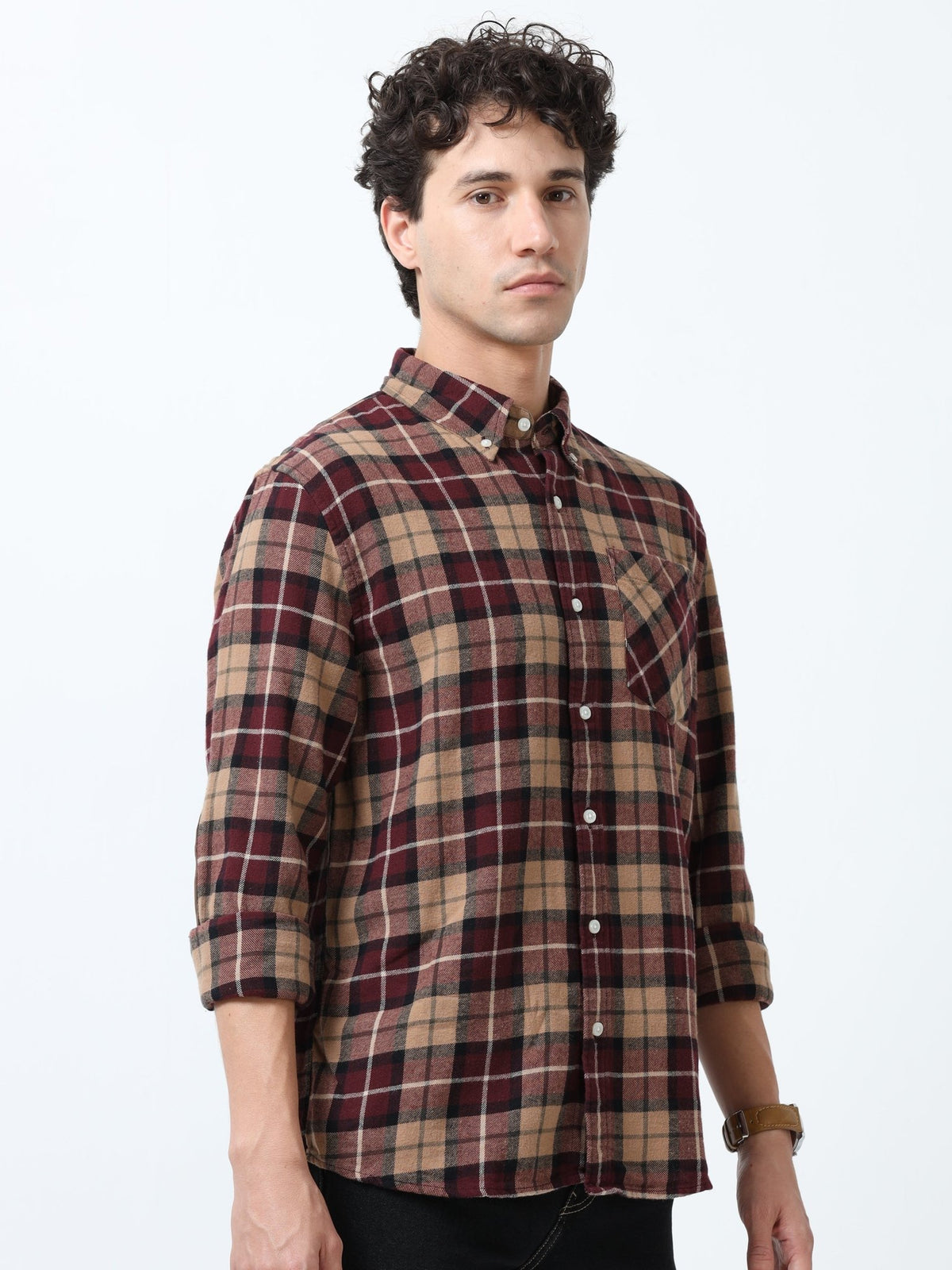 Clio - Brushed Checkered Shirt - Khaki Red - Espanshe