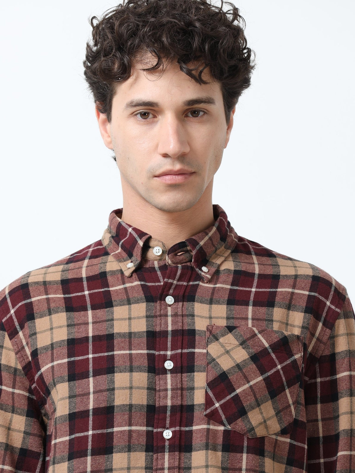 Clio - Brushed Checkered Shirt - Khaki Red - Espanshe