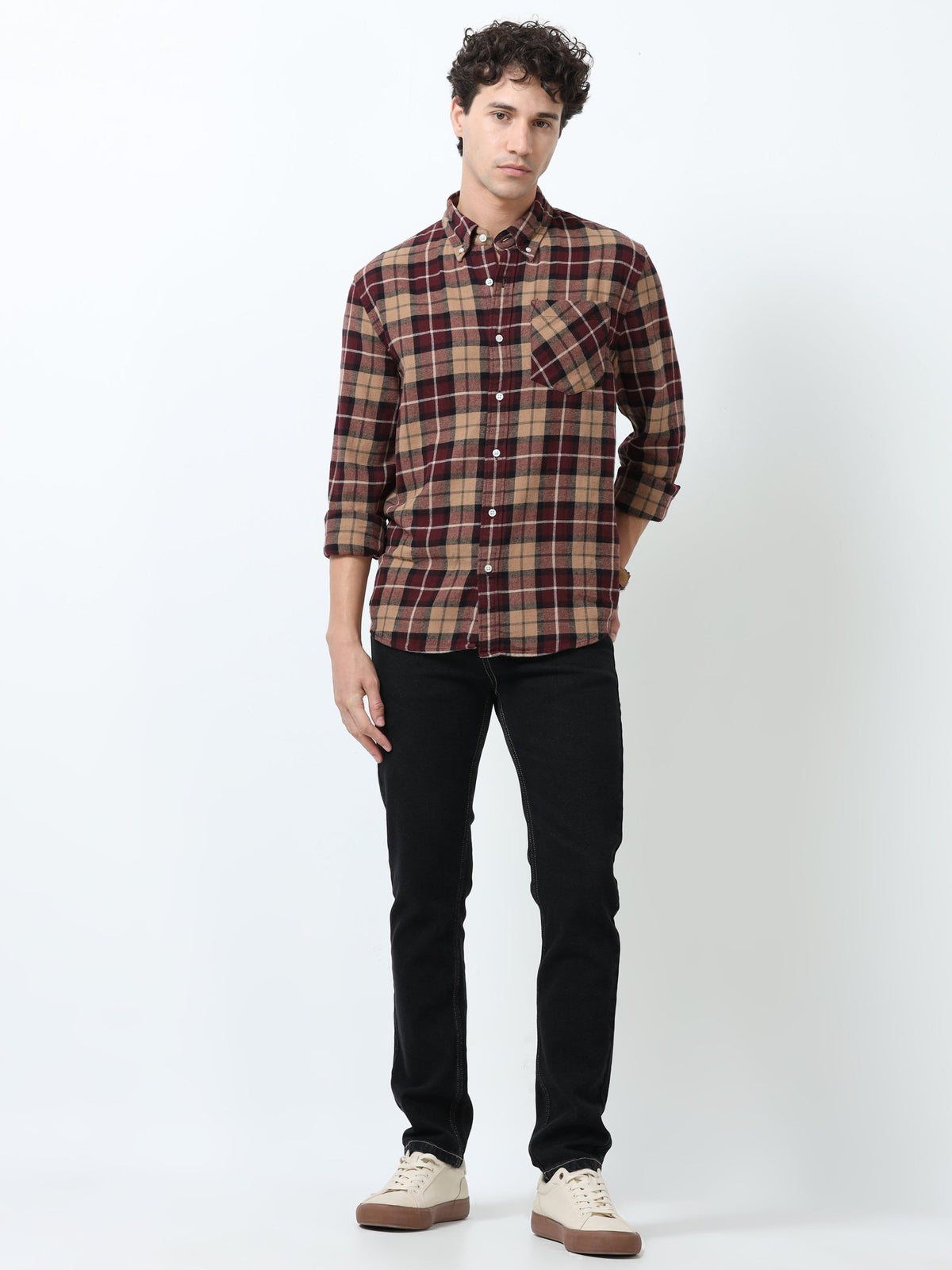 Clio - Brushed Checkered Shirt - Khaki Red - Espanshe
