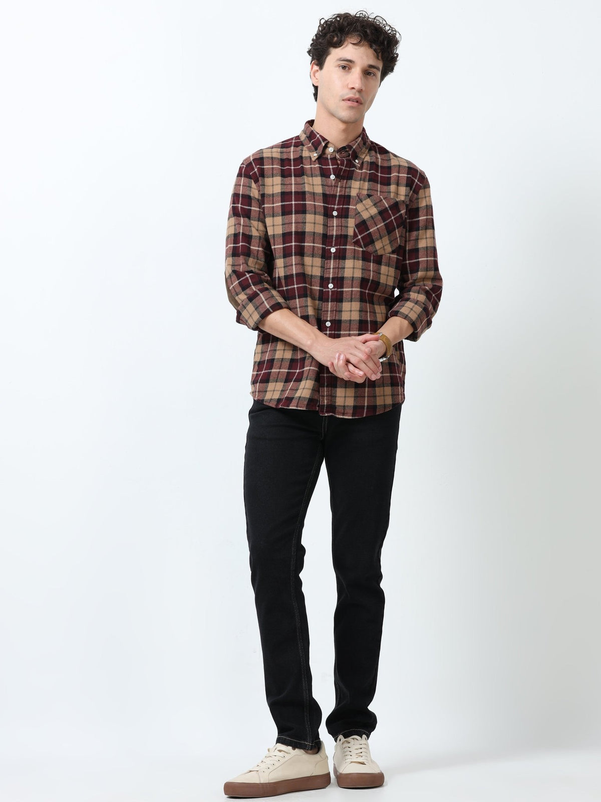 Clio - Brushed Checkered Shirt - Khaki Red - Espanshe