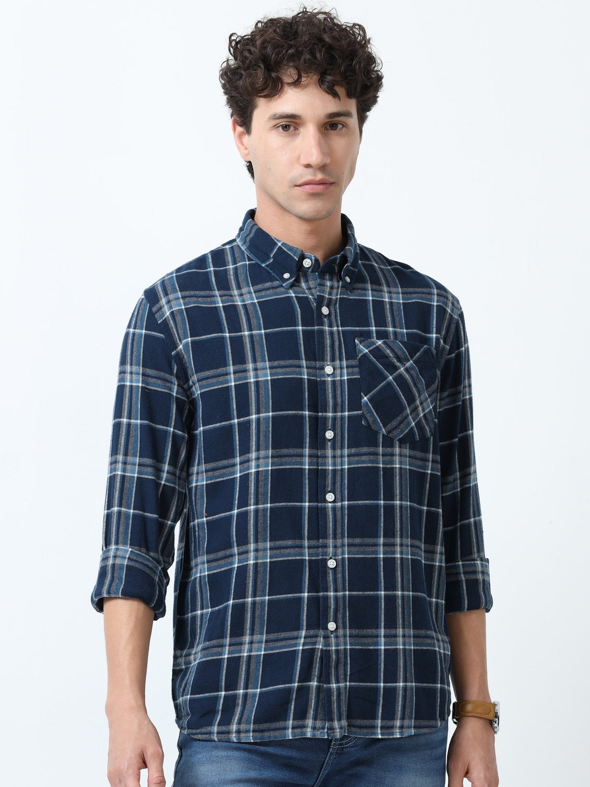 Clio - Brushed Checkered Shirt - Blue and White - Espanshe