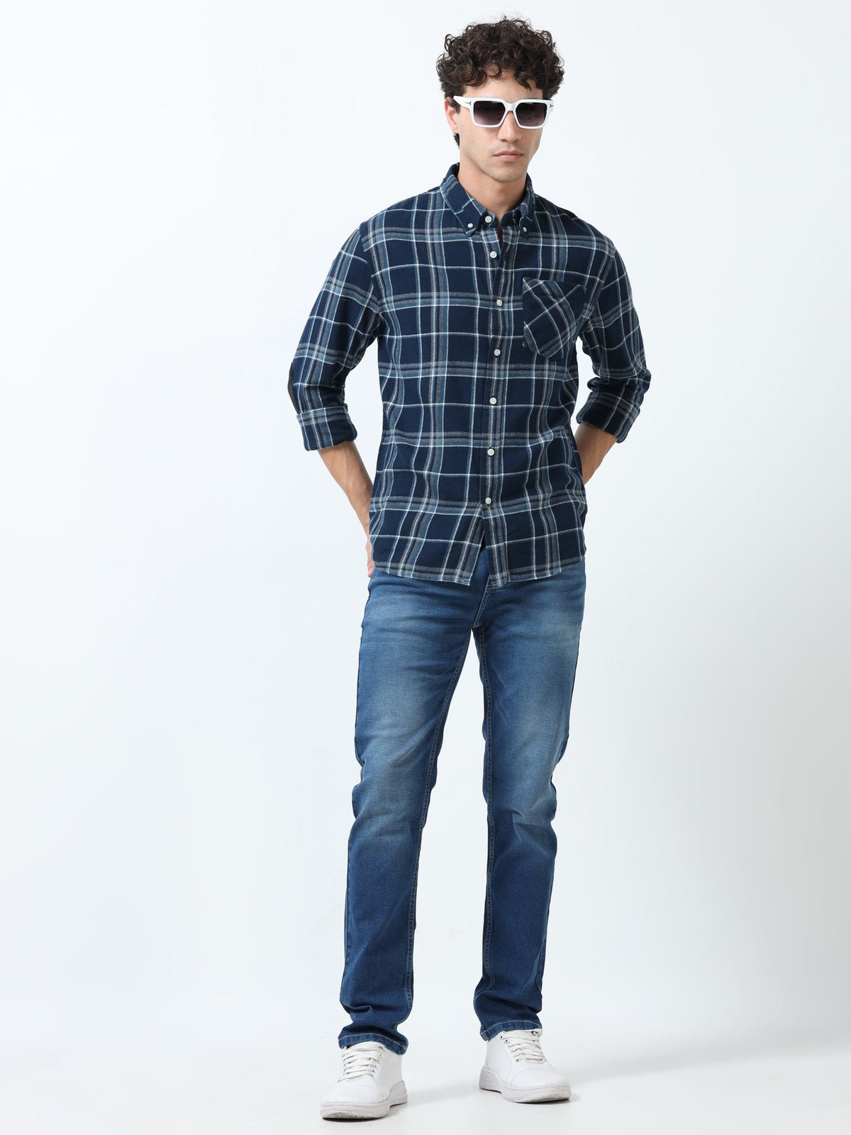 Clio - Brushed Checkered Shirt - Blue and White - Espanshe