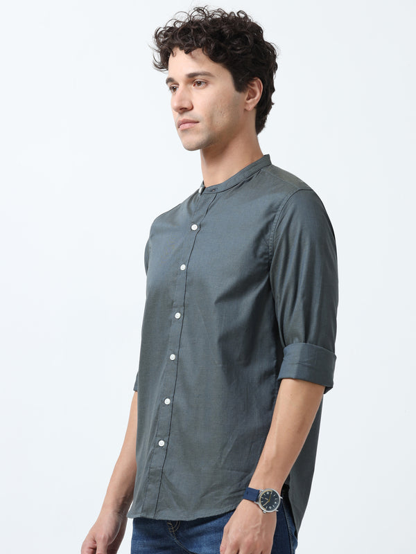 Beckett - Mandarin Collar Plain Shirt - Cement Blue