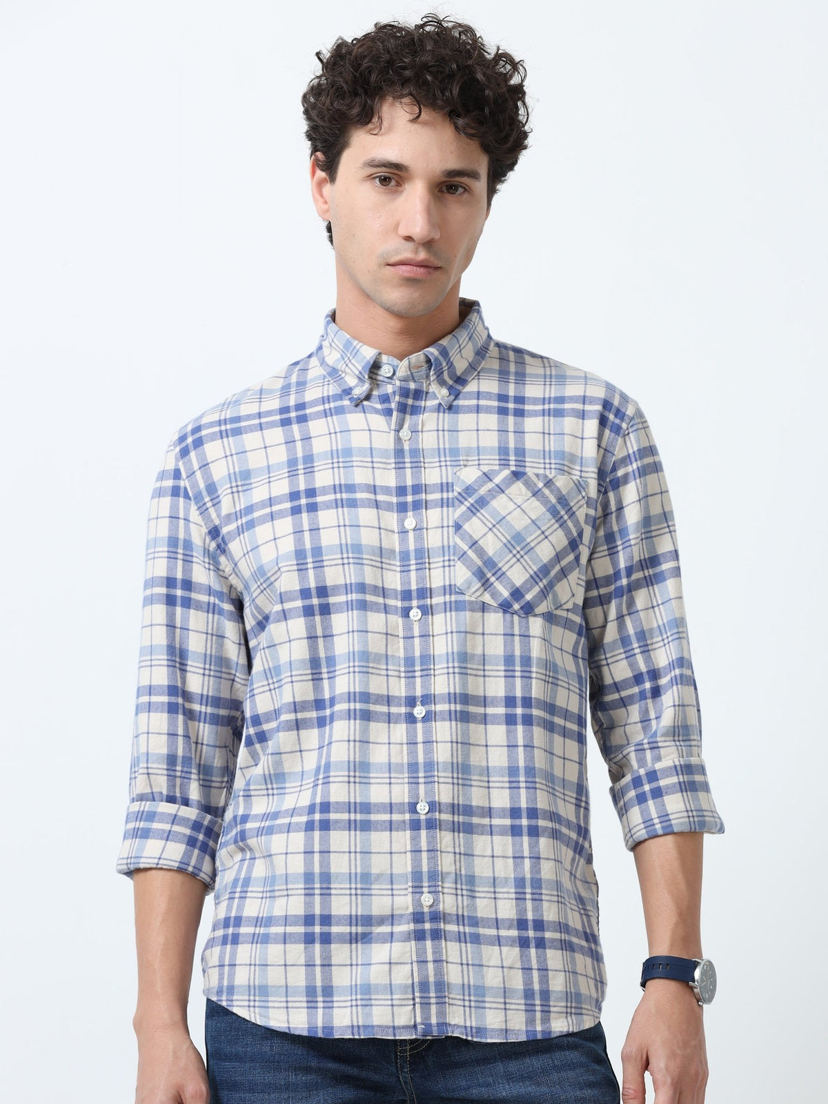 Clio - Brushed Checkered Shirt - White and Blue - Espanshe