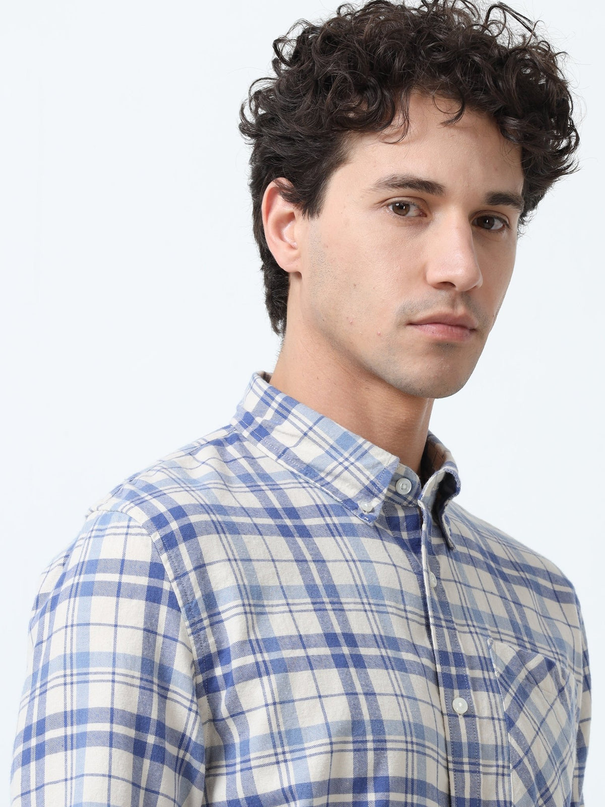 Clio - Brushed Checkered Shirt - White and Blue - Espanshe