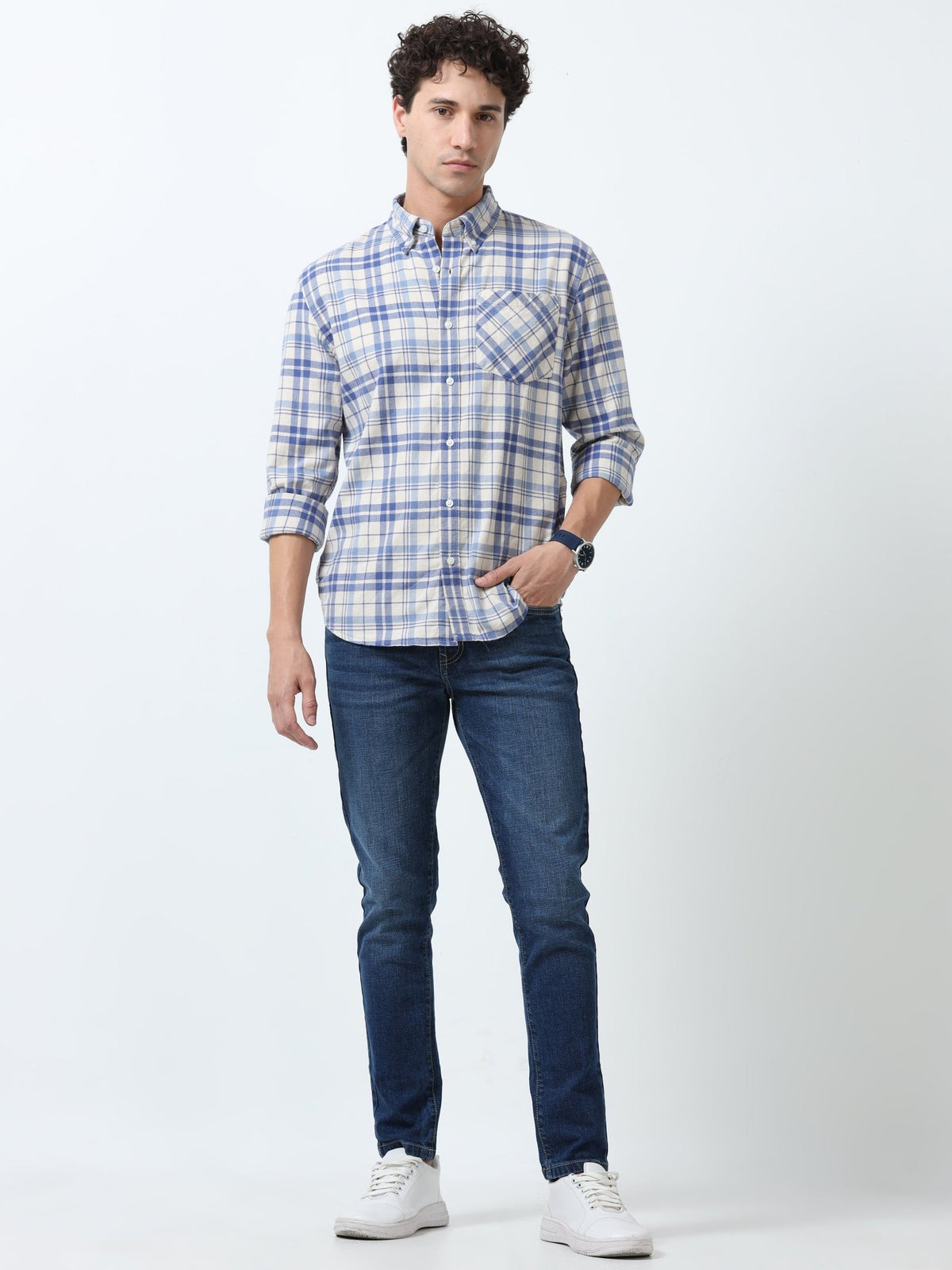 Clio - Brushed Checkered Shirt - White and Blue - Espanshe