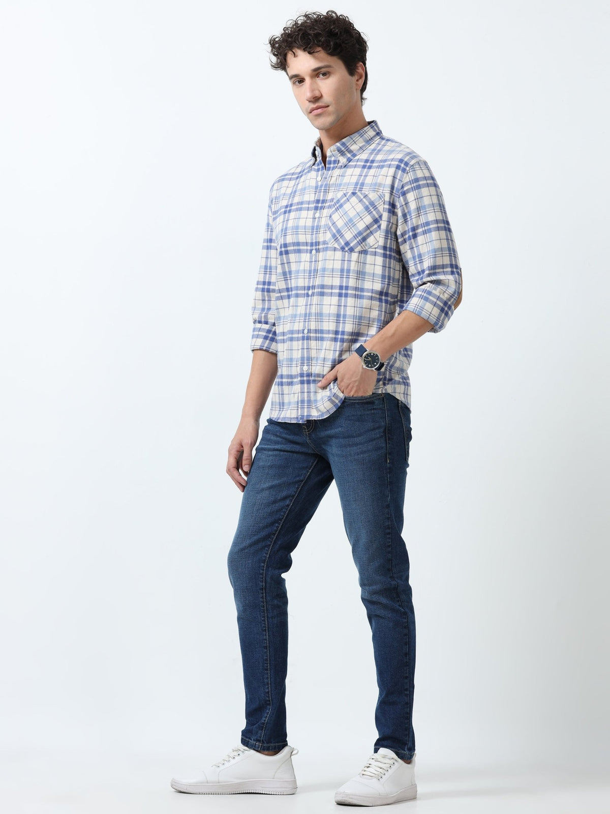 Clio - Brushed Checkered Shirt - White and Blue - Espanshe