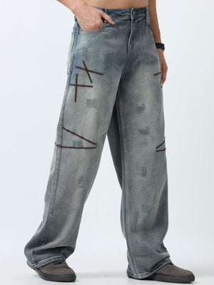 Imogen - Embroidered Loose fit Jeans - Blue Fade - Espanshe