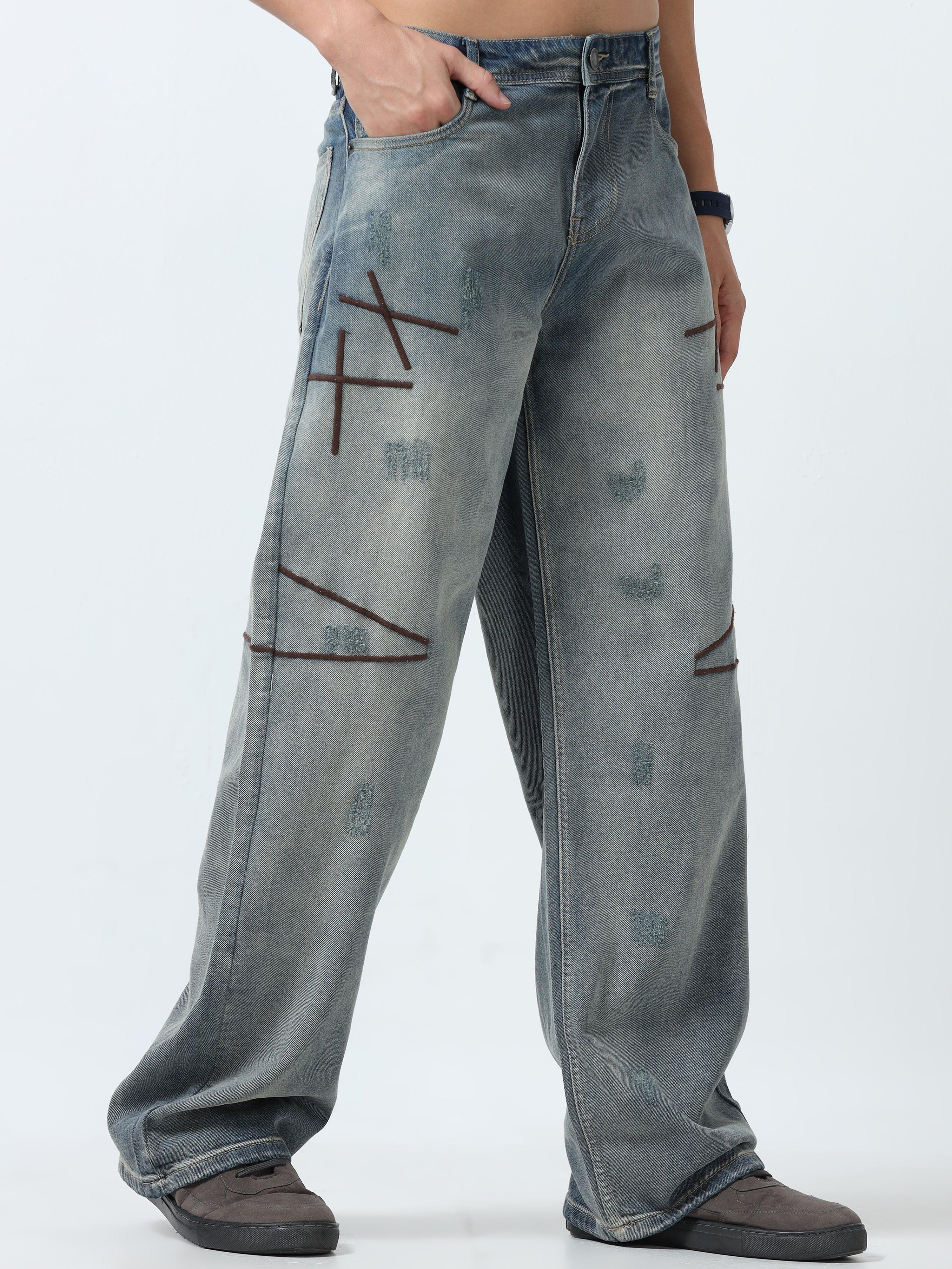 Imogen - Embroidered Loose fit Jeans - Blue Fade - Espanshe