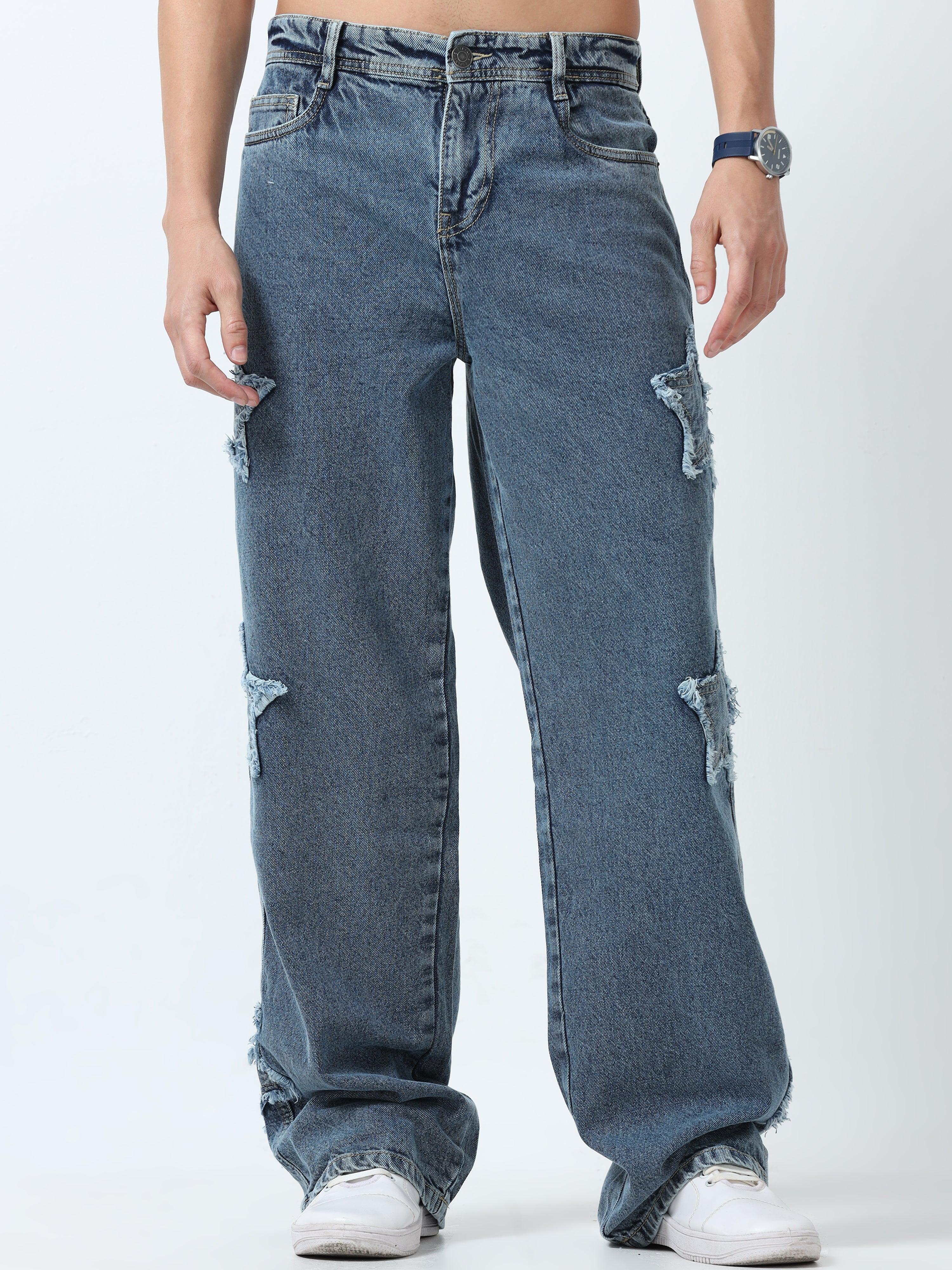 Loose fit washed  jeans with star patch offering a unique look
Loose fit jeans for men
stylish jean for men


