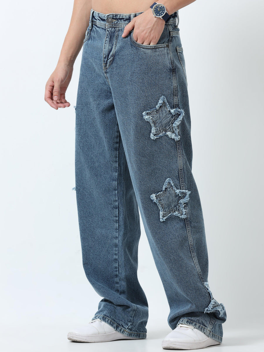 Loose fit washed  jeans with star patch offering a unique look
Loose fit jeans for men
stylish jean for men


