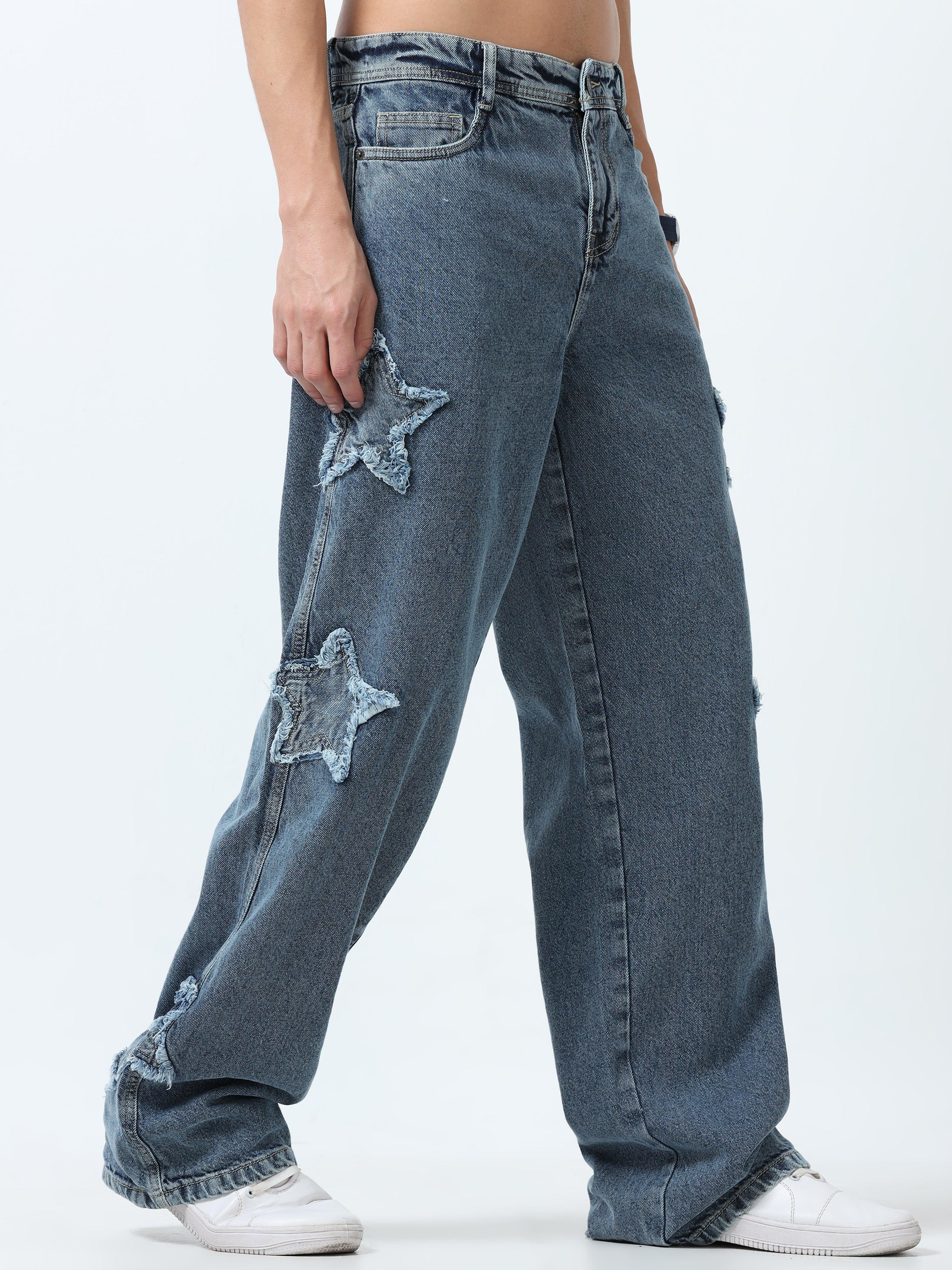 Loose fit washed  jeans with star patch offering a unique look
Loose fit jeans for men
stylish jean for men


