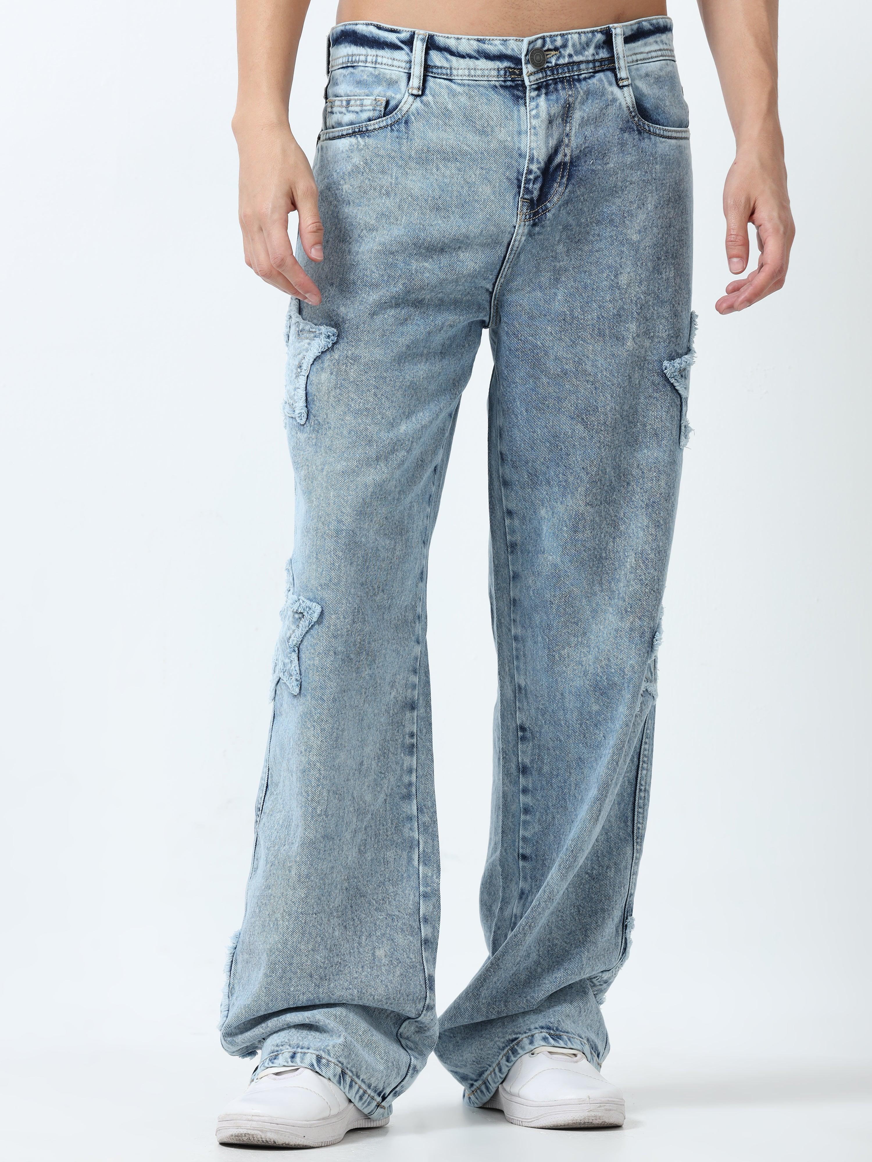 Loose fit washed  jeans with star patch offering a unique look
Loose fit jeans for men
stylish jean for men


