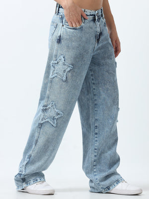 Loose fit washed  jeans with star patch offering a unique look
Loose fit jeans for men
stylish jean for men


