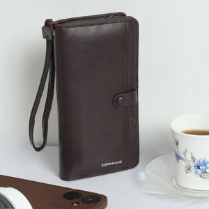 Leather Hand Wallet with Pull Out Card Compartment- Brown - Espanshe