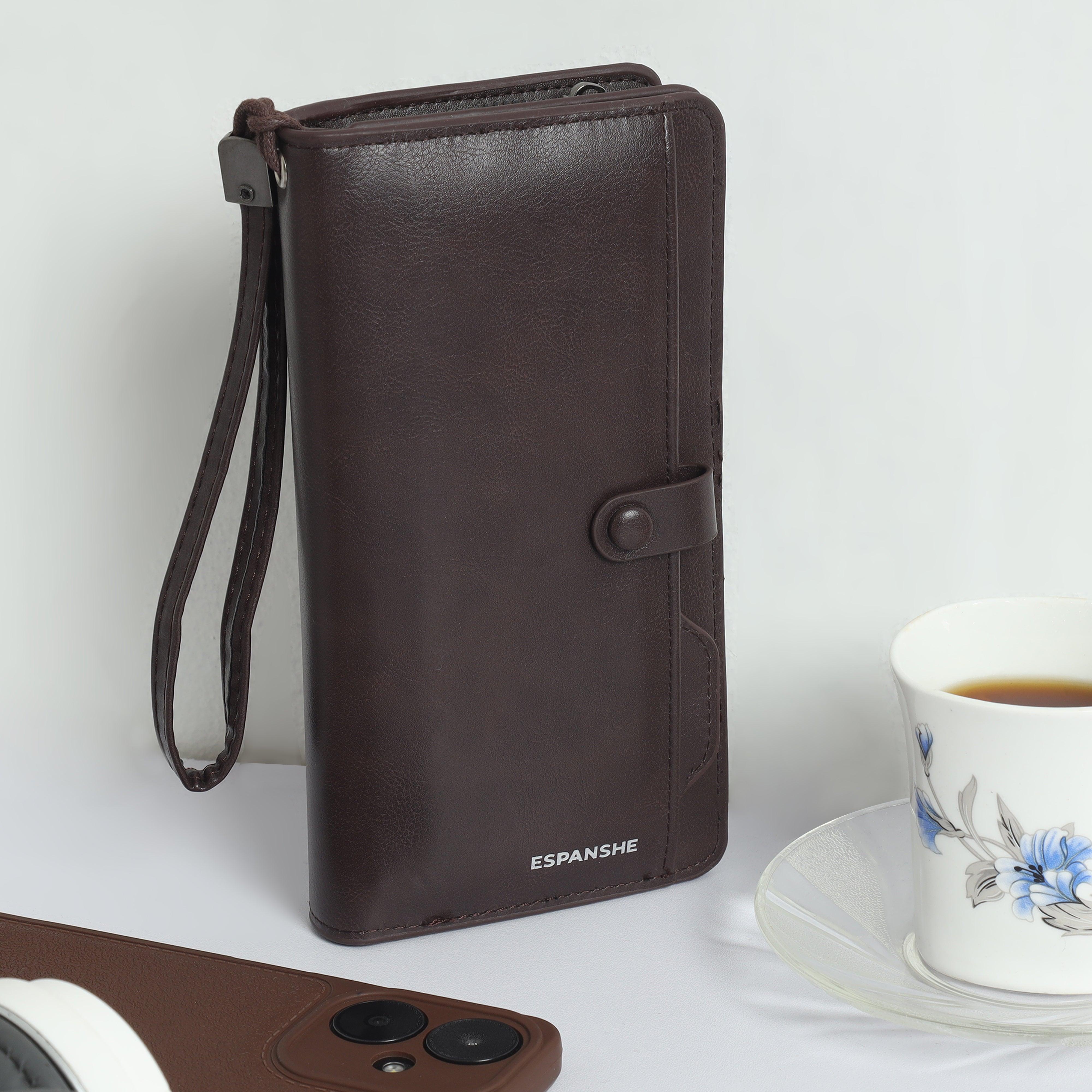 Leather Hand Wallet with Pull Out Card Compartment- Brown - Espanshe
