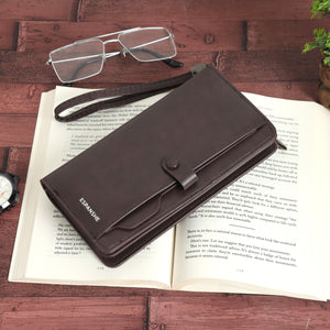 Leather Hand Wallet with Pull Out Card Compartment- Brown - Espanshe