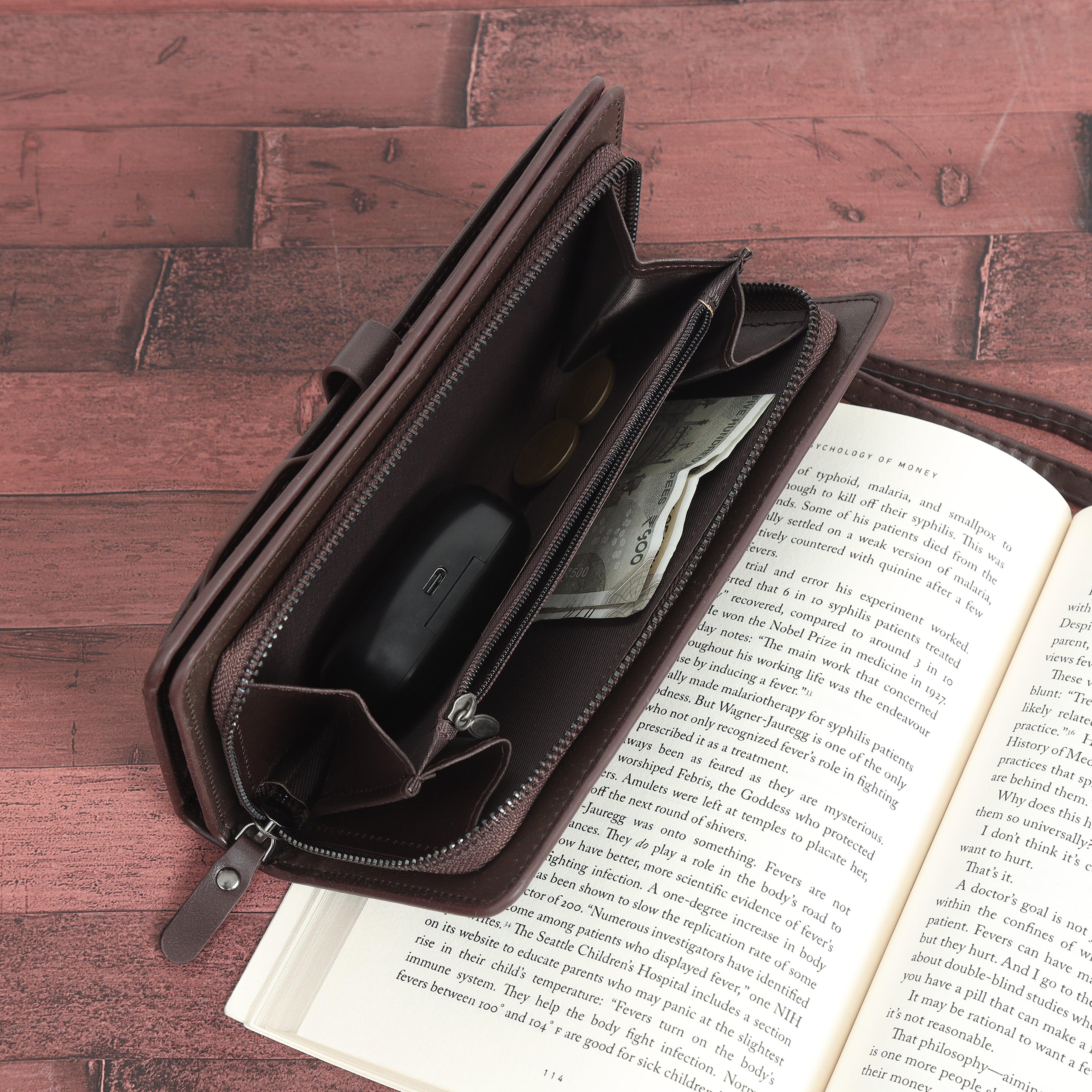 Leather Hand Wallet with Pull Out Card Compartment- Brown - Espanshe