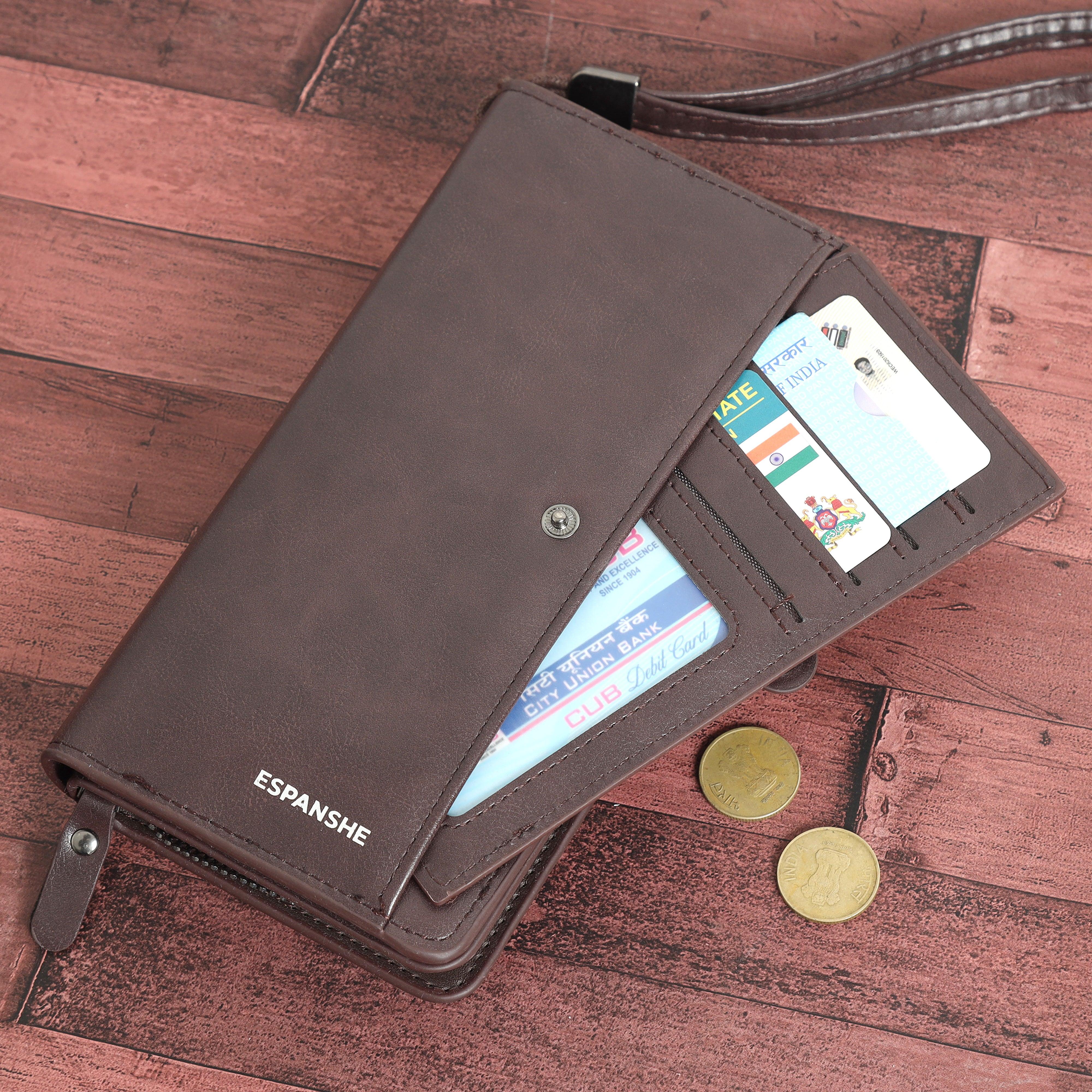 Leather Hand Wallet with Pull Out Card Compartment- Brown - Espanshe
